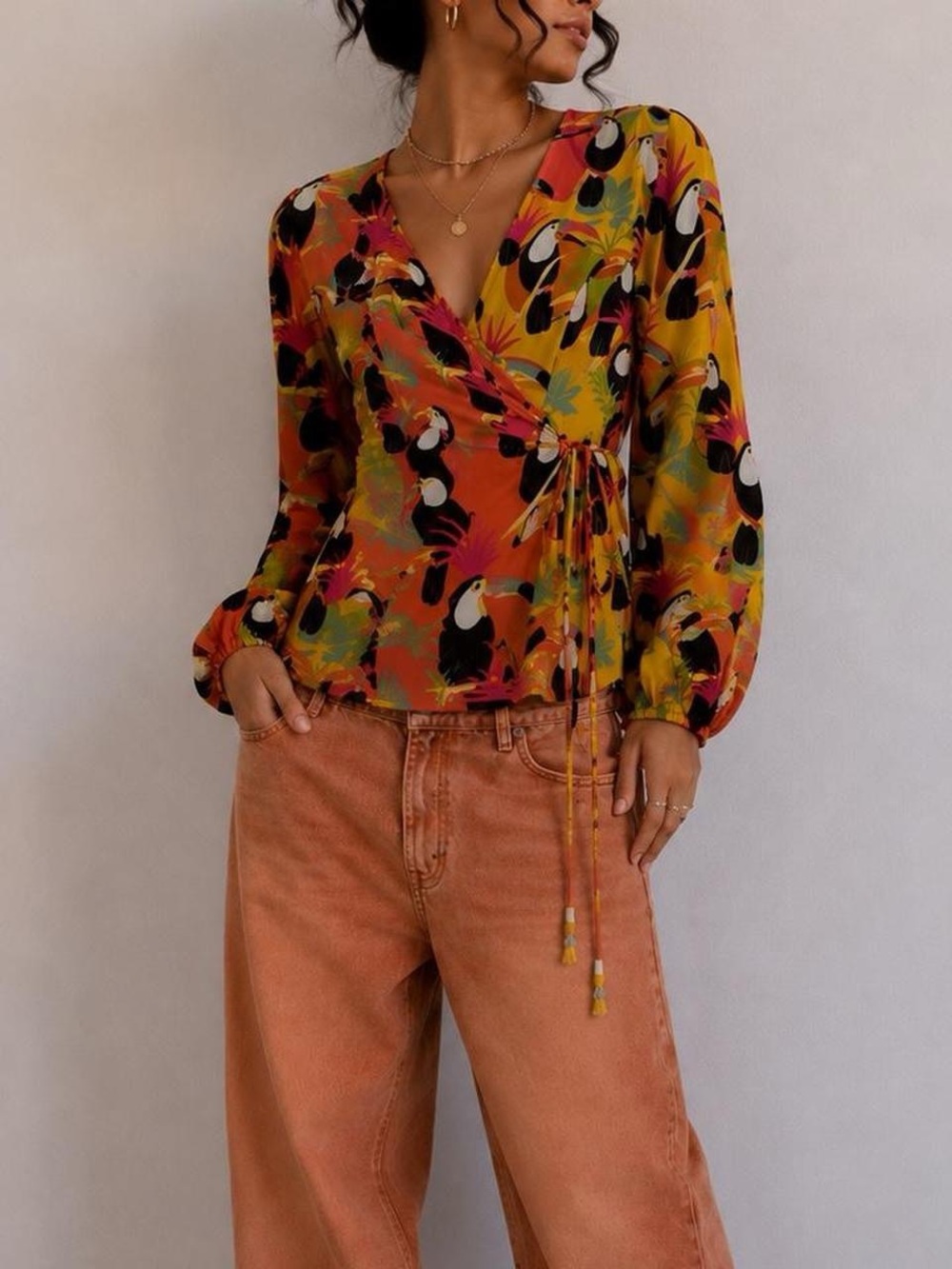 FARM Rio Mustard and Orange Toucan Wrap Blouse